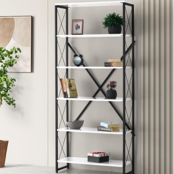 Sivas Gözde Mobilya Ferforje Beyaz Ahşap 5 Raflı Kitaplık 80x30x180