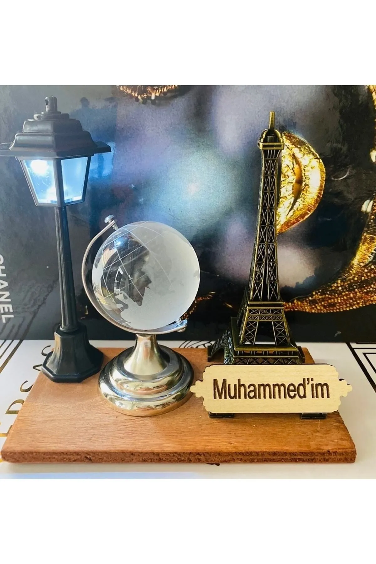MYK HEDİYE VE SANAT ATÖLYESİ  Ofis Hediyesi Set Cam Dünya Küre Metal Eyfel Sokak Lambası Ahşap Kaide görsel 2