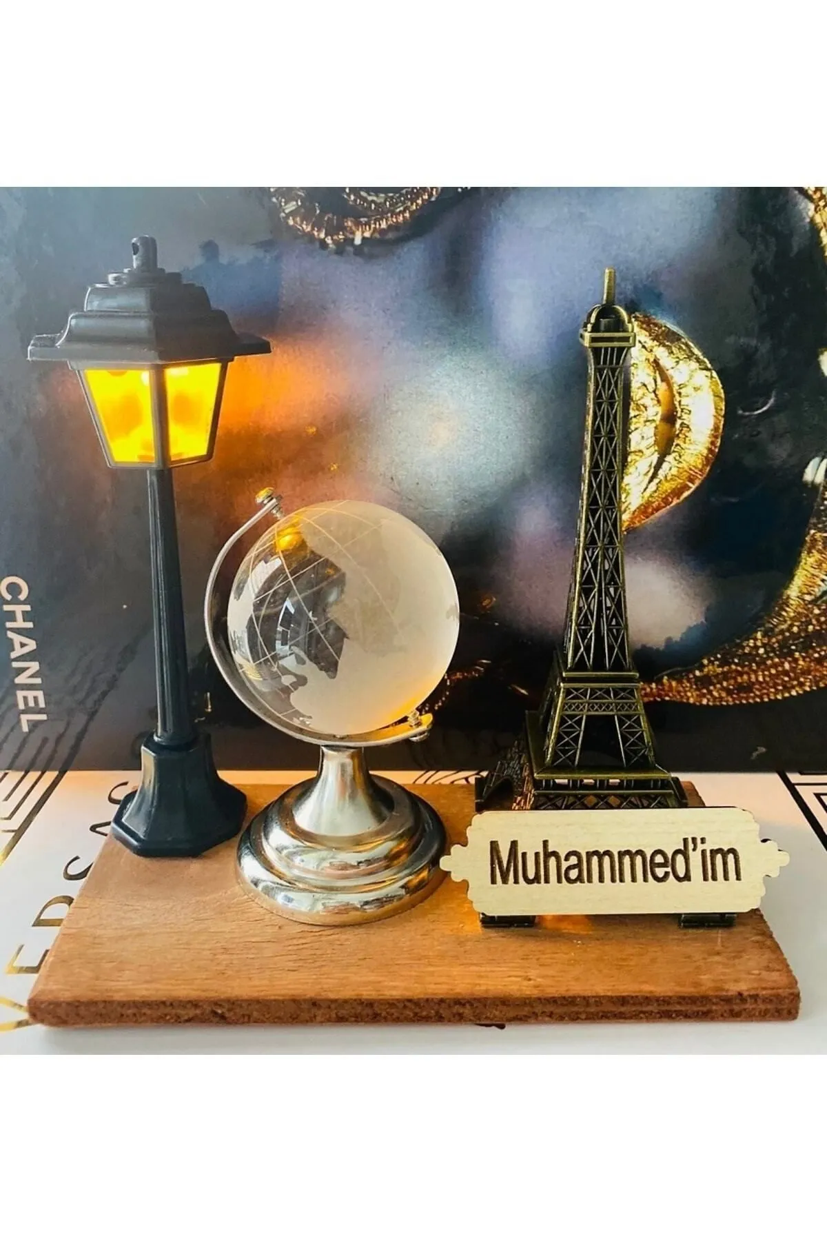 MYK HEDİYE VE SANAT ATÖLYESİ  Ofis Hediyesi Set Cam Dünya Küre Metal Eyfel Sokak Lambası Ahşap Kaide görsel 3