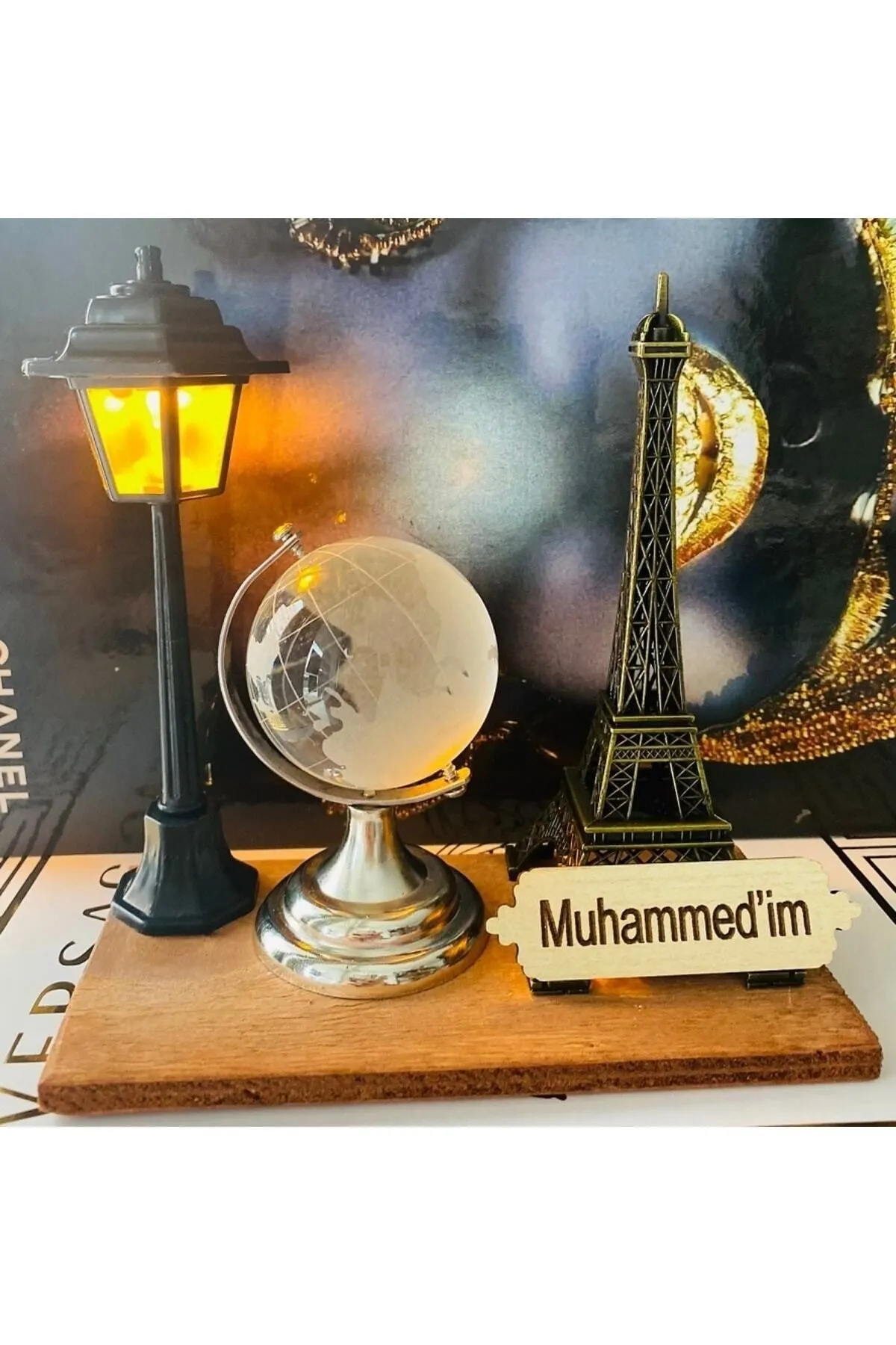 MYK HEDİYE VE SANAT ATÖLYESİ  Ofis Hediyesi Set Cam Dünya Küre Metal Eyfel Sokak Lambası Ahşap Kaide görsel 4