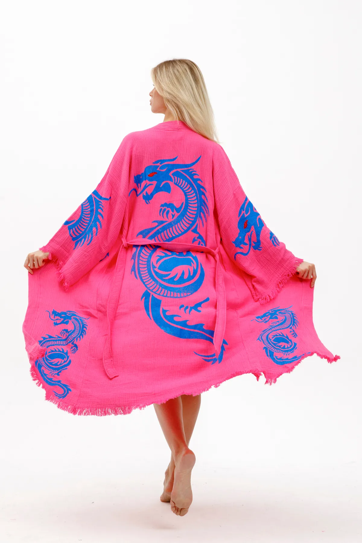 Befera Design Dragon Müslin Kimono %100 Pamuklu Ejderha Baskılı Desenli Bornoz Kaftan Sabahlık görsel 2