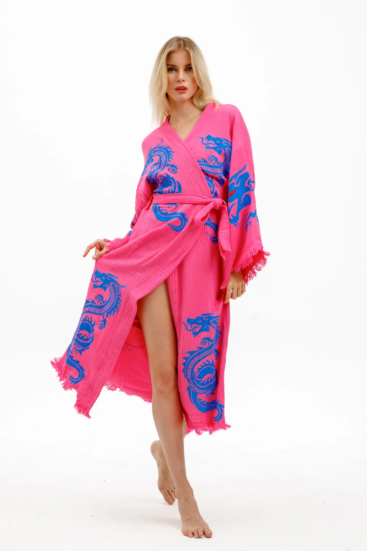 Befera Design Dragon Müslin Kimono %100 Pamuklu Ejderha Baskılı Desenli Bornoz Kaftan Sabahlık görsel 3