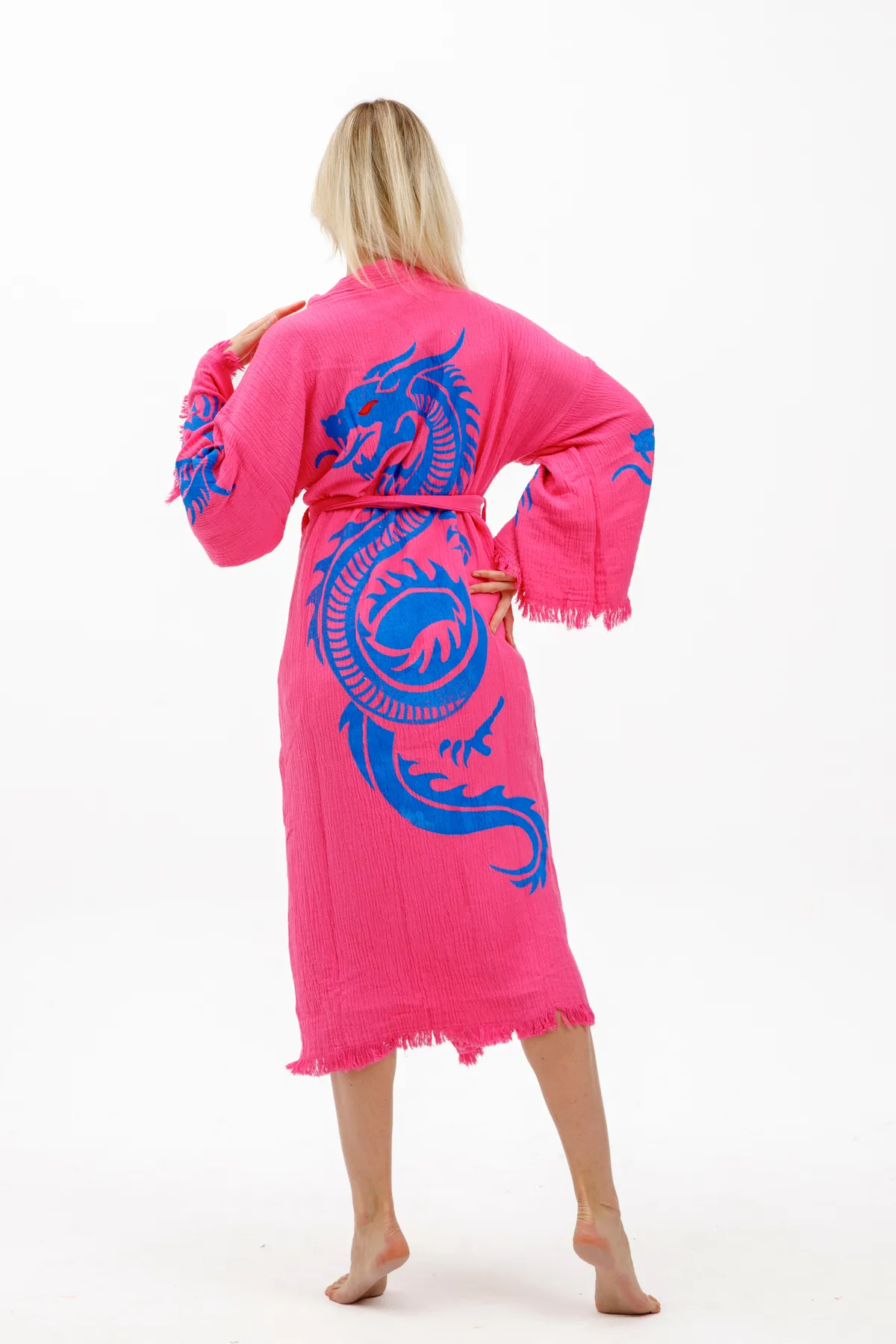 Befera Design Dragon Müslin Kimono %100 Pamuklu Ejderha Baskılı Desenli Bornoz Kaftan Sabahlık görsel 5