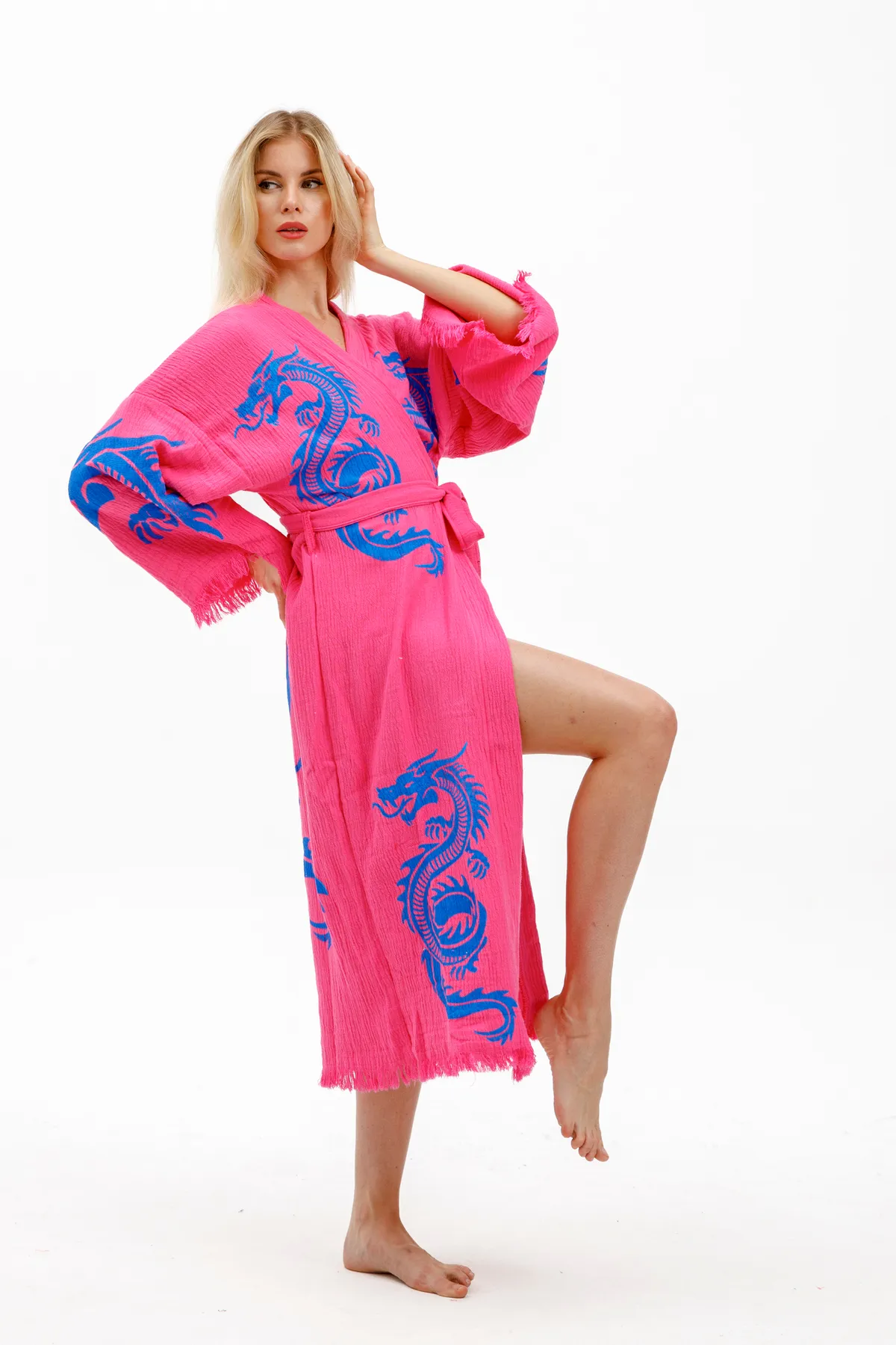 Befera Design Dragon Müslin Kimono %100 Pamuklu Ejderha Baskılı Desenli Bornoz Kaftan Sabahlık görsel 6