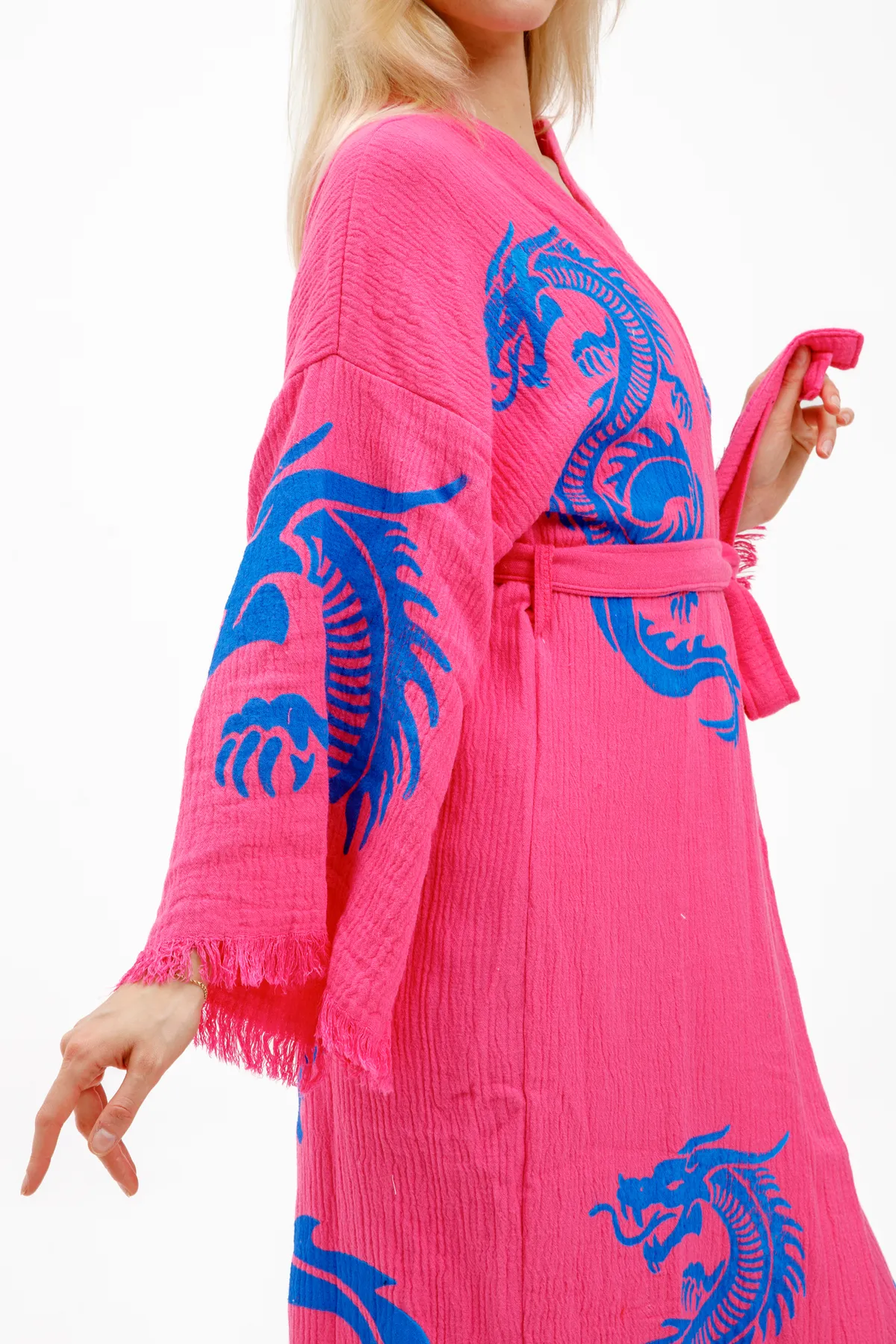 Befera Design Dragon Müslin Kimono %100 Pamuklu Ejderha Baskılı Desenli Bornoz Kaftan Sabahlık görsel 7