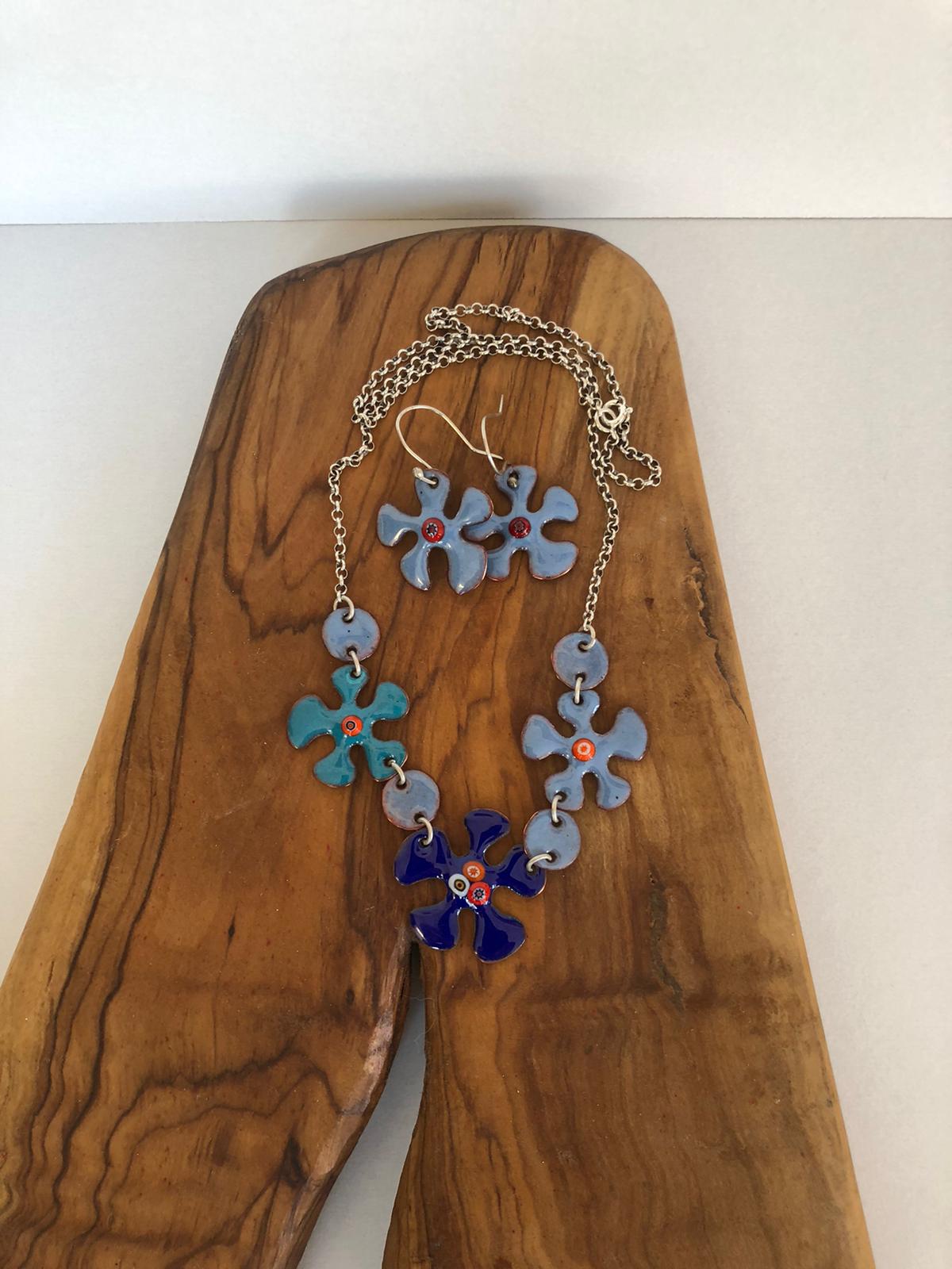 Opal Silver El yapımı sıcak mine çalışması gümüş zincirli çiçek kolye küpe görsel 2