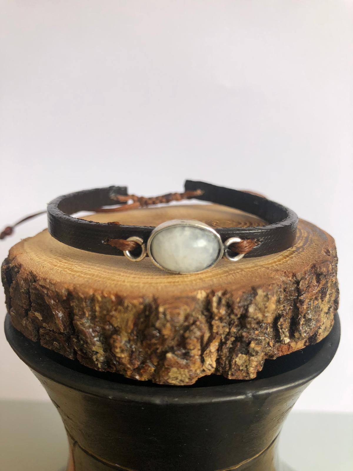 Opal Silver El yapımı 925 Ayar Gümüş Ay Taşlı Raylı Sistemli Unisex Deri Bileklik görsel 2
