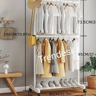 TRENDESK Metal Beyaz Çift Askılı Elbise Askılığı Konfeksiyon Askılık Tekerlekli 6009