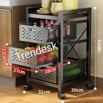 TRENDESK 3 Katlı Metal Siyah Çok Amaçlı Patates Soğan Sebze Meyve Sepeti Sebzelik Tekerlekli