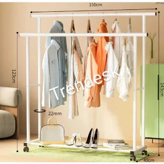 TRENDESK Metal Beyaz Elbise Askısı 2 Katlı Tekerlekli Askı Konfeksiyon Askısı ( Eşek Askı ) 143 Cm