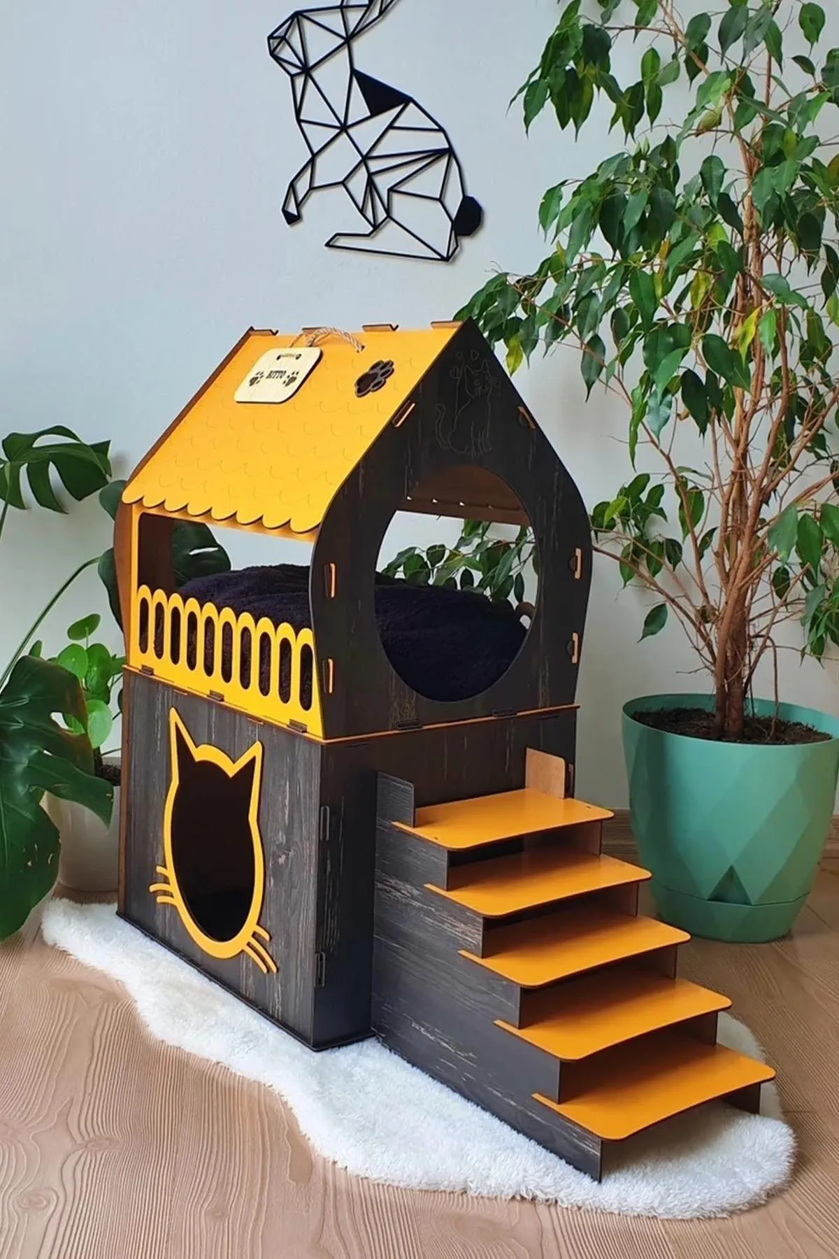 Silay Hediyelik Dekoratif Kedi Evi Teraslı Dublex Turuncu Siyah