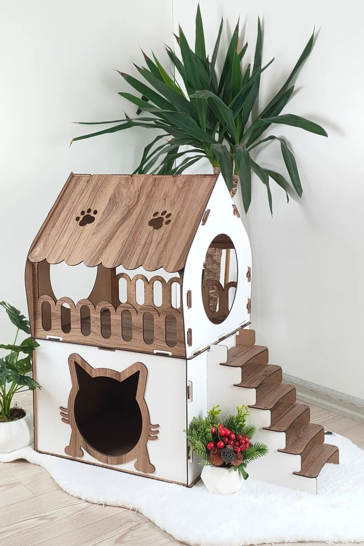 Silay Hediyelik Kedi Evi 2 Katlı Merdivenli