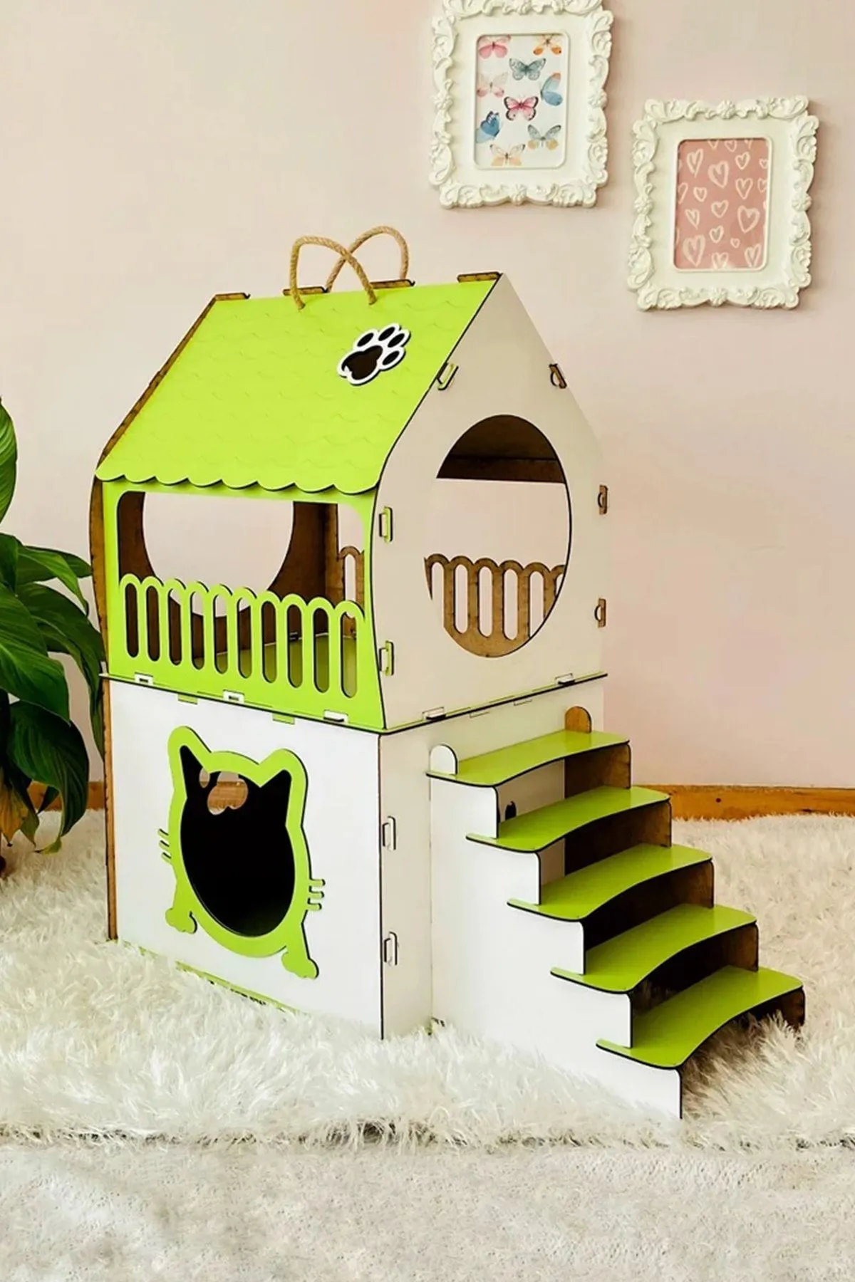 Silay Hediyelik Dekoratif Kedi Evi Teraslı Dublex Yeşil