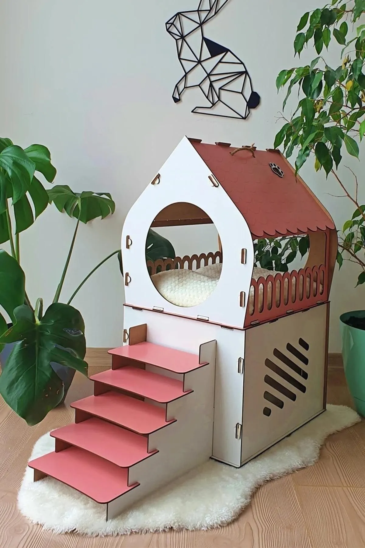 Silay Hediyelik Dekoratif Kedi Evi Teraslı Dublex Pembe