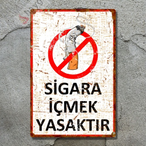 Hasta Karikatürlü Sigara İçmek Yasaktır, Pas Görünümlü Metal Uyarı Levhası 15cm x 22,5cm