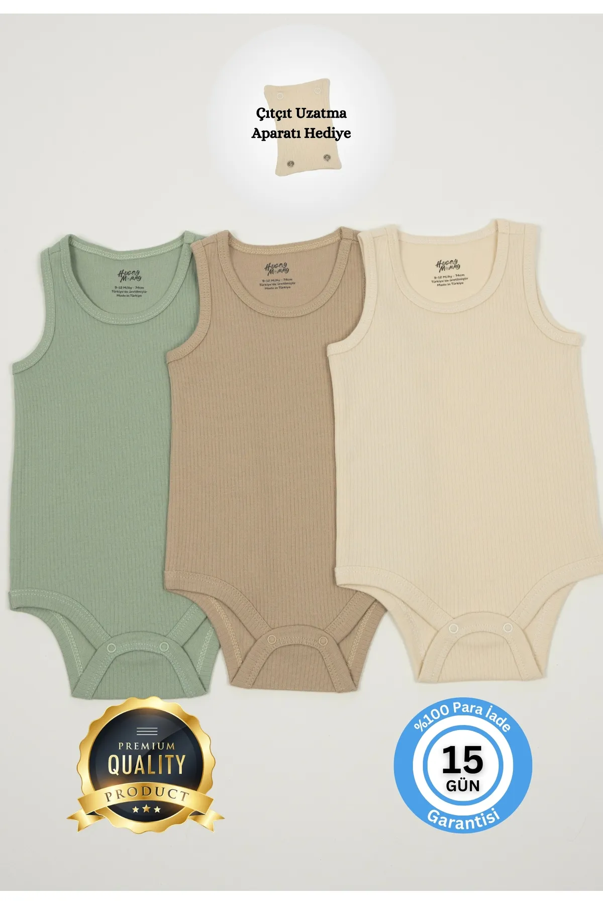 Huggy Mommy Premium Fitilli Kumaş %100 Organik Pamuk Erkek Bebek Atlet Body Zıbın Çıtçıtlı Badi 3'lü Set Hediye