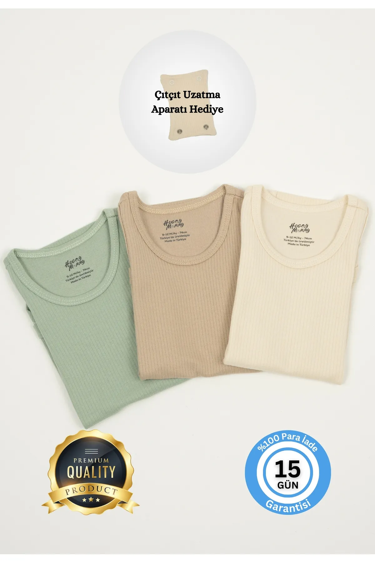 Huggy Mommy Premium Fitilli Kumaş %100 Organik Pamuk Erkek Bebek Atlet Body Zıbın Çıtçıtlı Badi 3'lü Set Hediye görsel 3