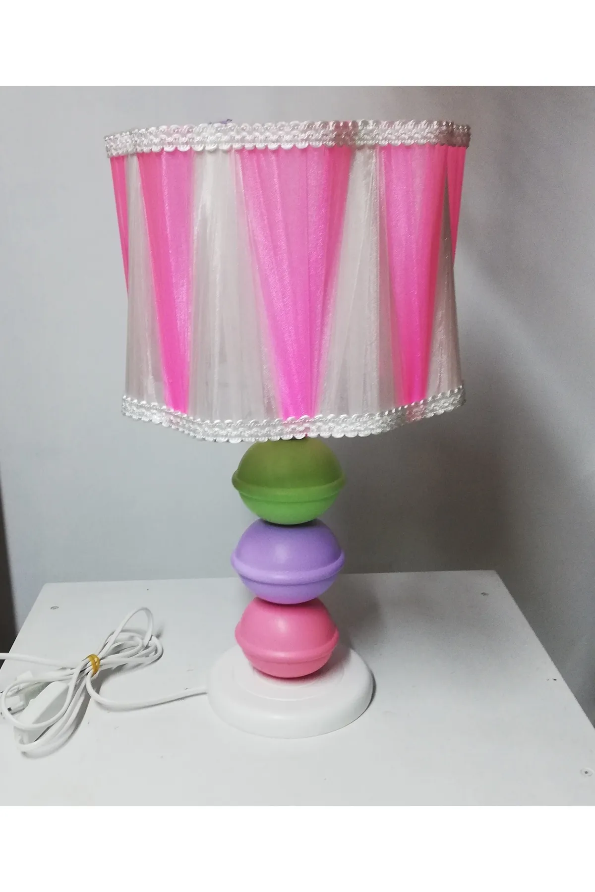 Tekay Aydınlatma Pembe kız çocuk odası abajuru,pembe yatak odası abajuru lila yeşil top abajur görsel 2