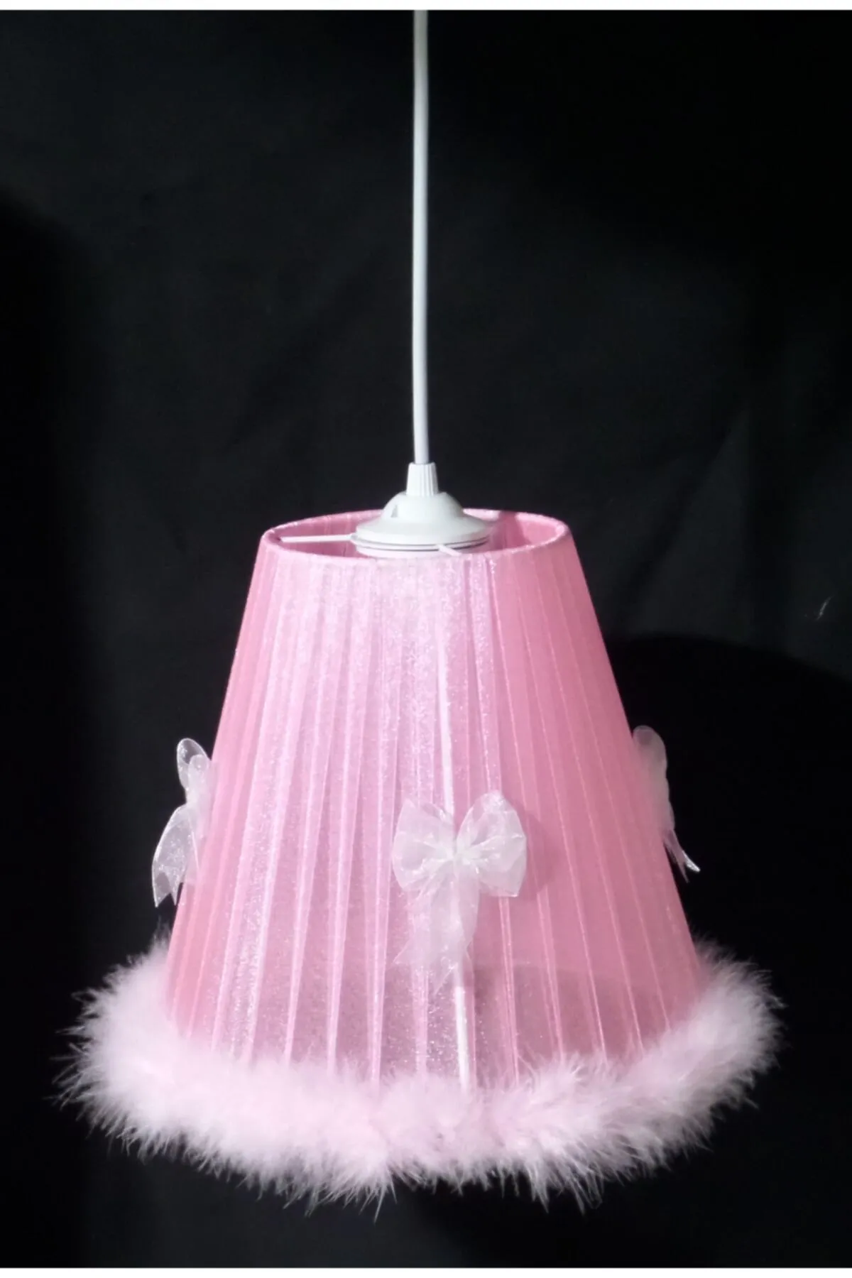 Tekay Aydınlatma Kız Çocuk Odası Fiyonklu Peluş Tüylü Pembe Avize görsel 2