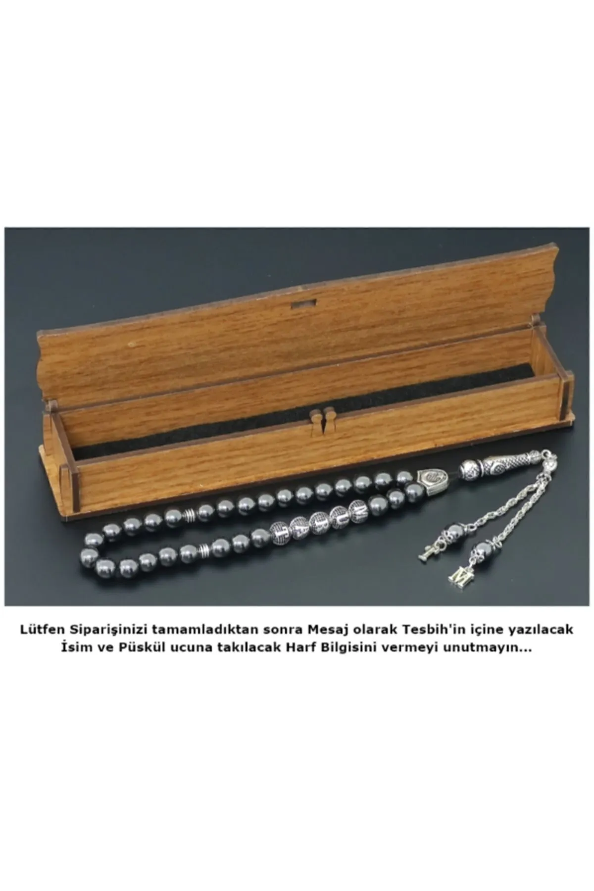 Tesbih Sakarya Kişiye Özel Isimli Tesbih - Hematit Taşı - Harfli Püsküllü Tesbih - Ahşap Kutu'lu Doğal Taş Tesbih görsel 2