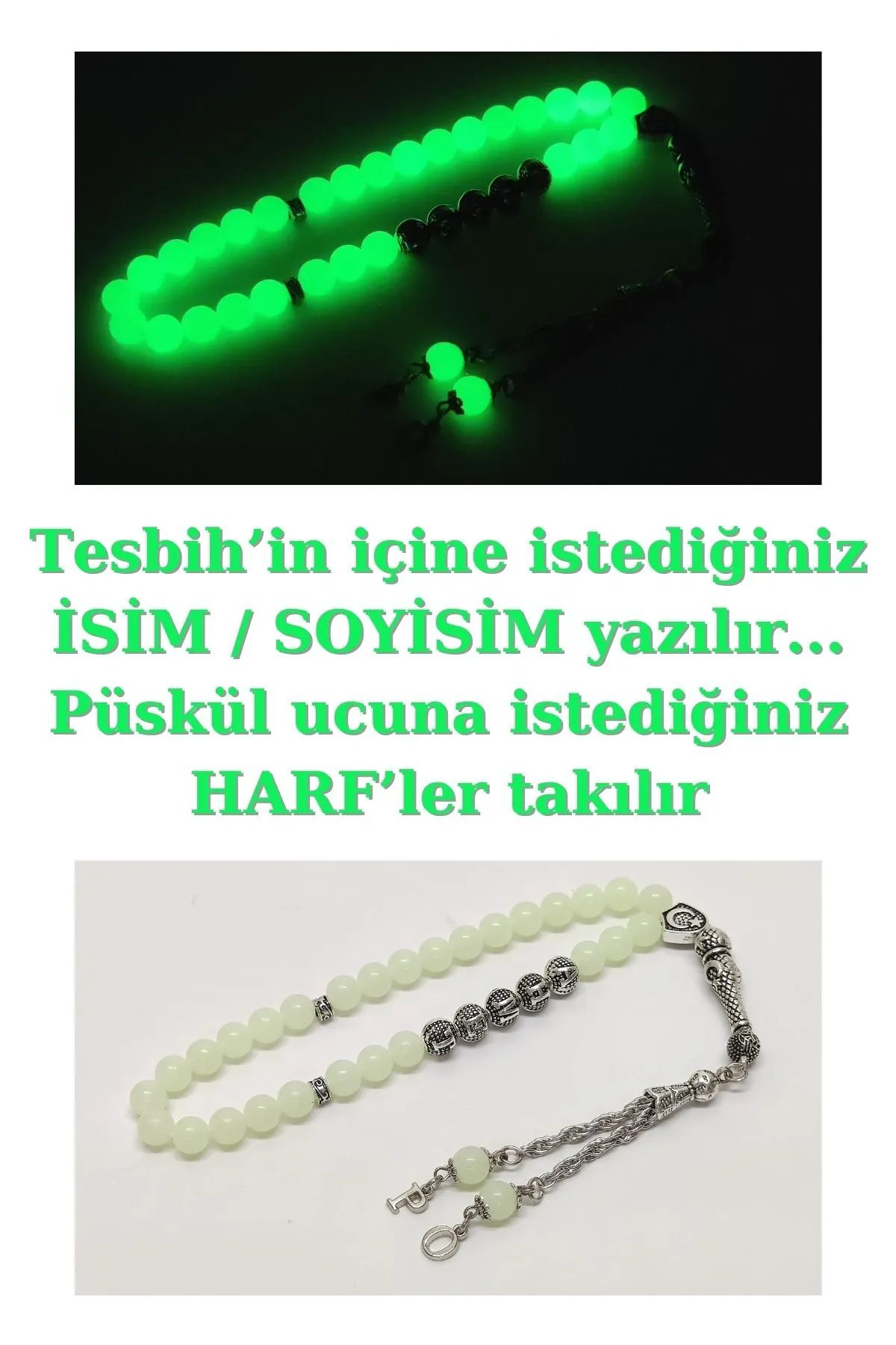 Tesbih Sakarya Kişiye Özel Isimli - Püskül Ucu Harfli - Fosforlu Kedigözü Tesbih görsel 5
