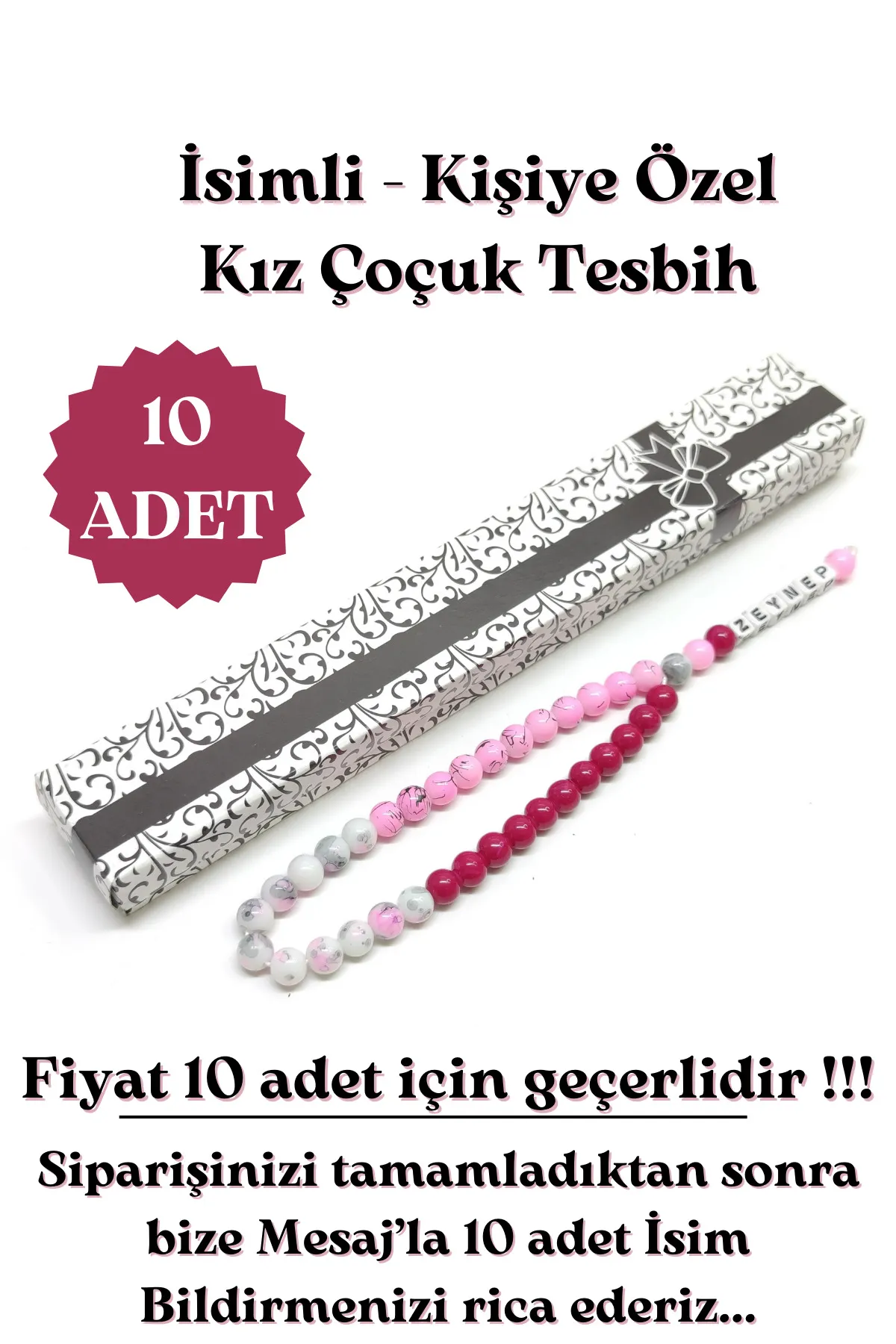 Tesbih Sakarya 10 adet - Çocuklara Özel İsimli Tesbih - 33'lü Çocuk Tesbihi - Kişiye özel İsimli Tesbih - Kız Çocuk görsel 2