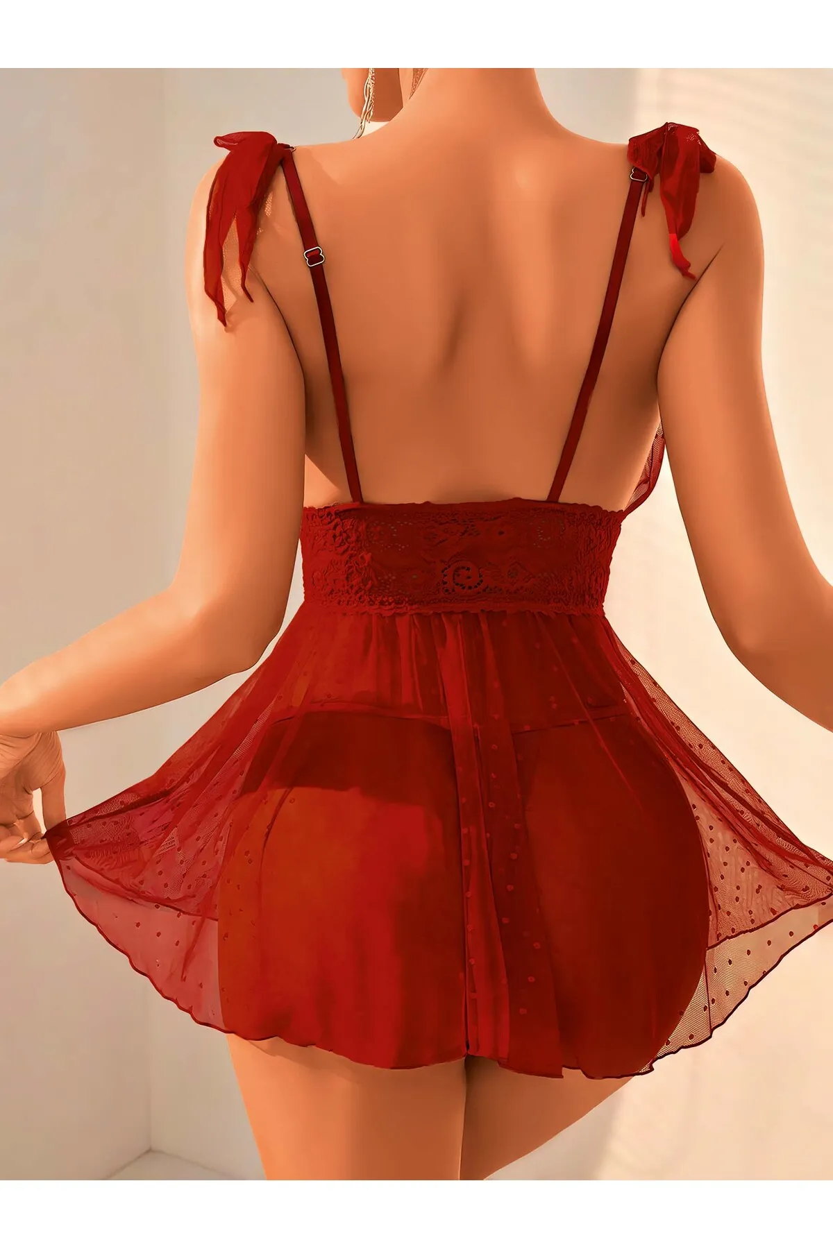 Gecelik Kadın Puantiyeli Şık Seksi Gösterişli Dekolteli görsel 7