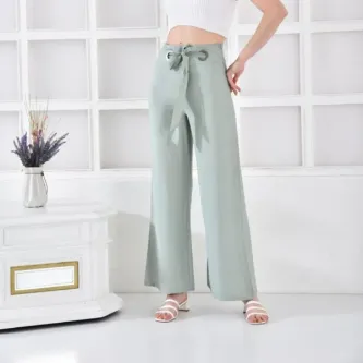 Modkofoni Halkalı Bol Paça Bağcıklı Mint Yeşili Keten Kadın Pantolon