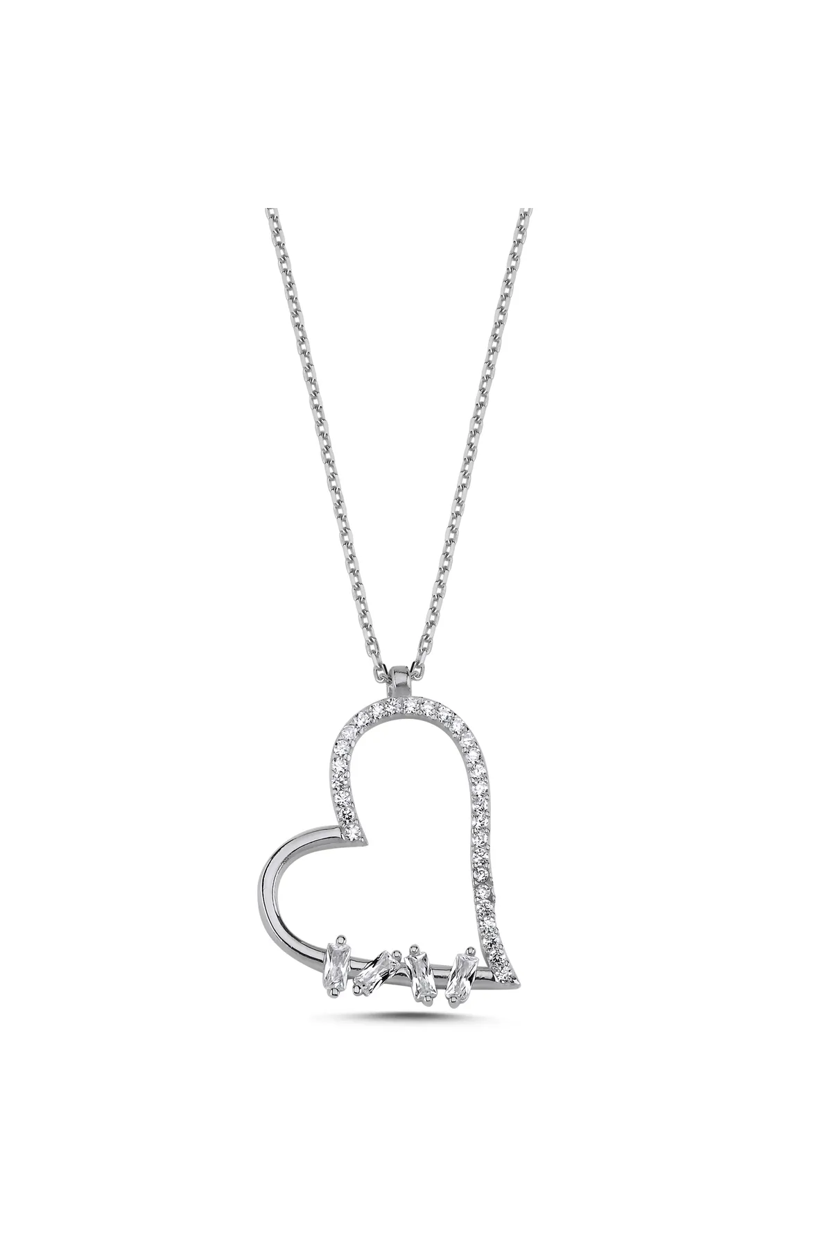 Eyelashes Silver 925 Ayar Gümüş Baget Kalp  Zirkon Taşlı Kolye