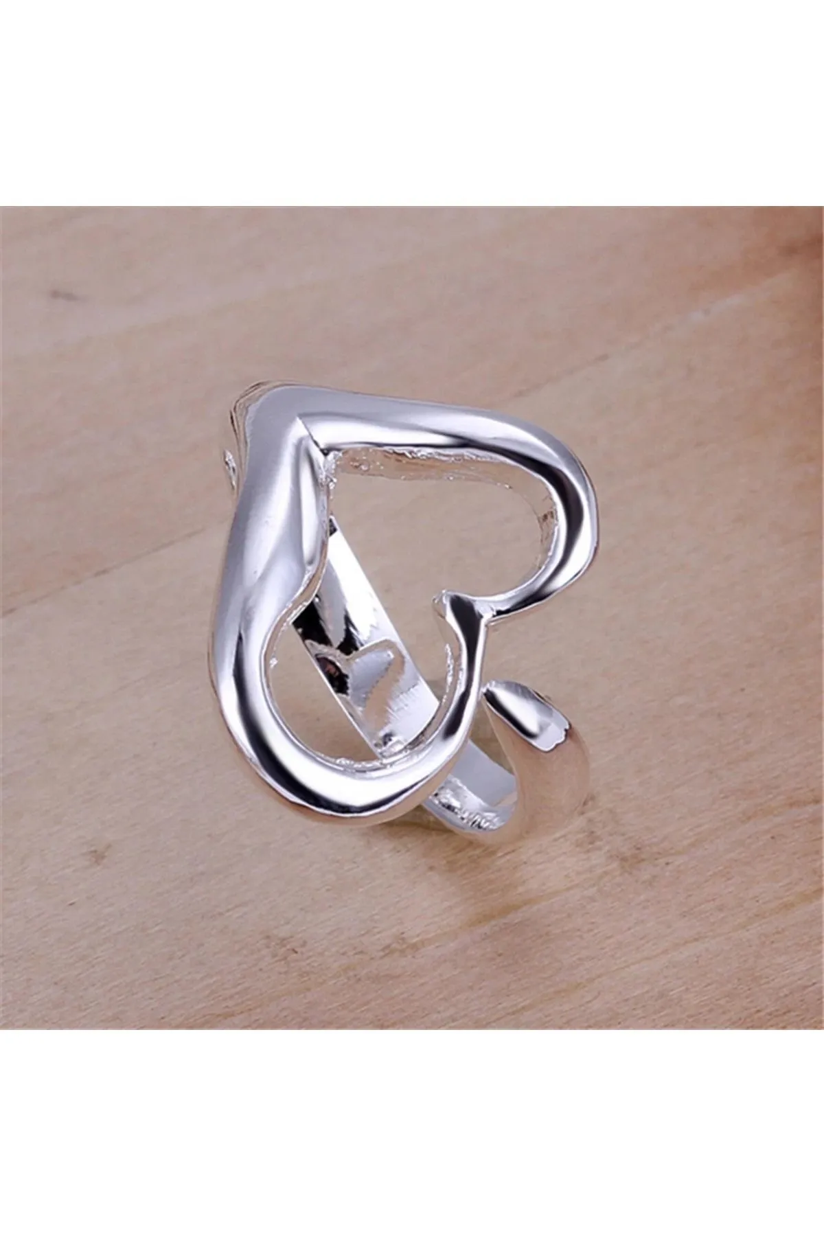 Eyelashes Silver 925 Ayar Gümüş Ayarlanabilir İçi Boş Kalp Yüzük görsel 4
