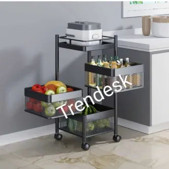 TRENDESK DESIGN 3 Katlı Metal Siyah Patates Soğan Sebze Meyve Sepeti Sebzelik Tekerlekli 1019-CN
