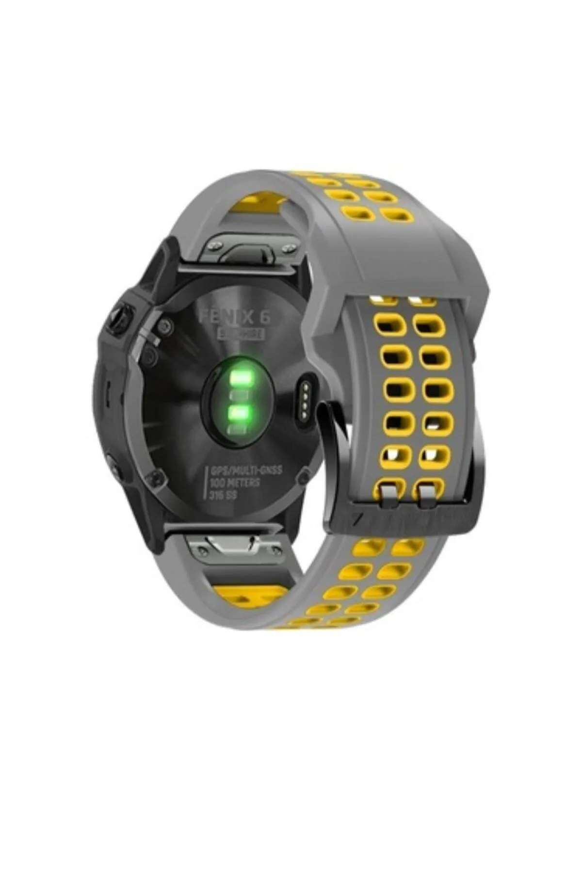 MarkaCase Garmin Tactix Charlie Için Quick Fit Özellikli (26MM) Çift Sıralı Silikon Saat Kordonu - Gri/Sarı görsel 2