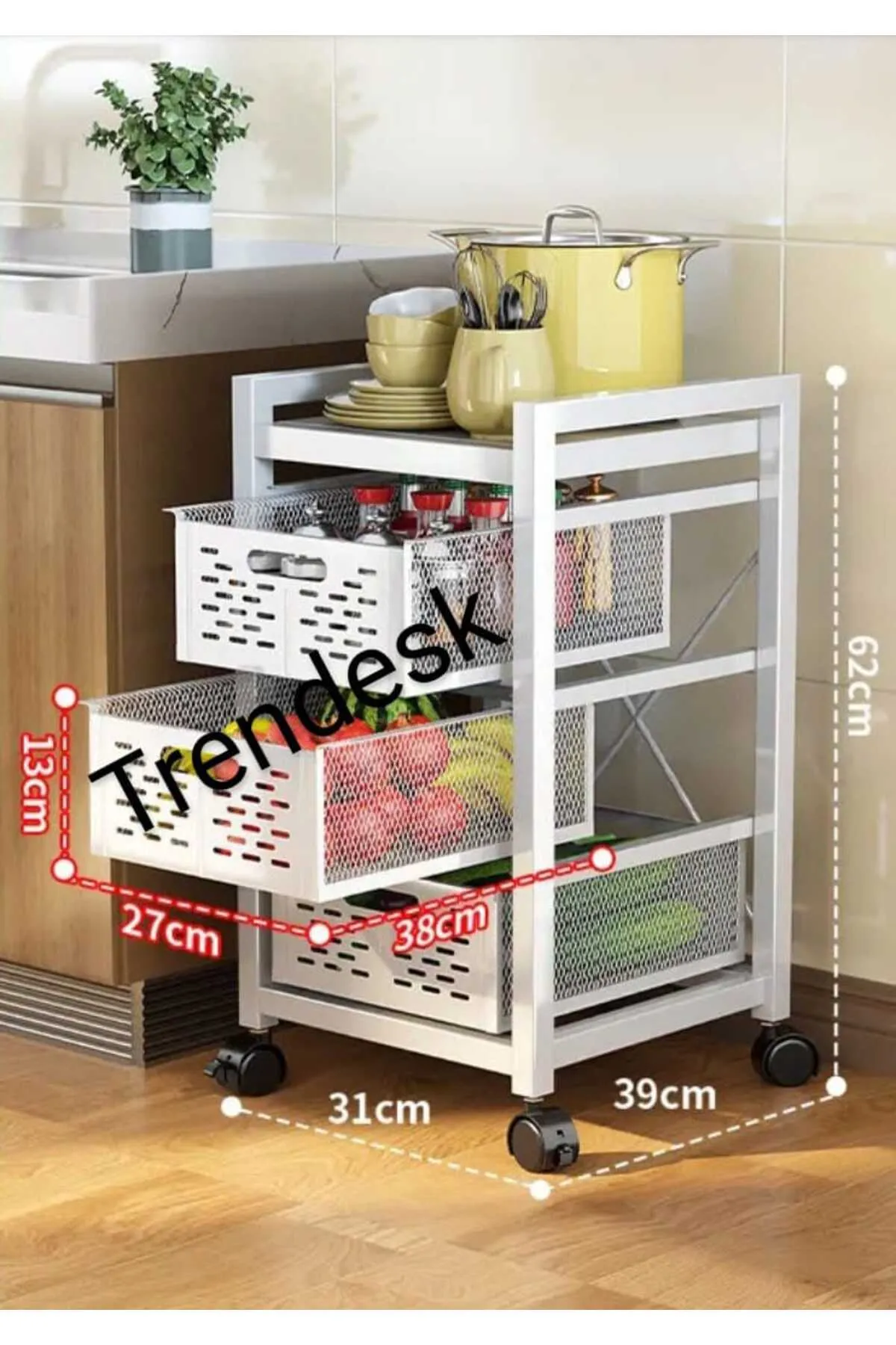 TRENDESK 3 Katlı Metal Siyah Çok Amaçlı Patates Soğan Sebze Meyve Sepeti Sebzelik Tekerlekli görsel 2