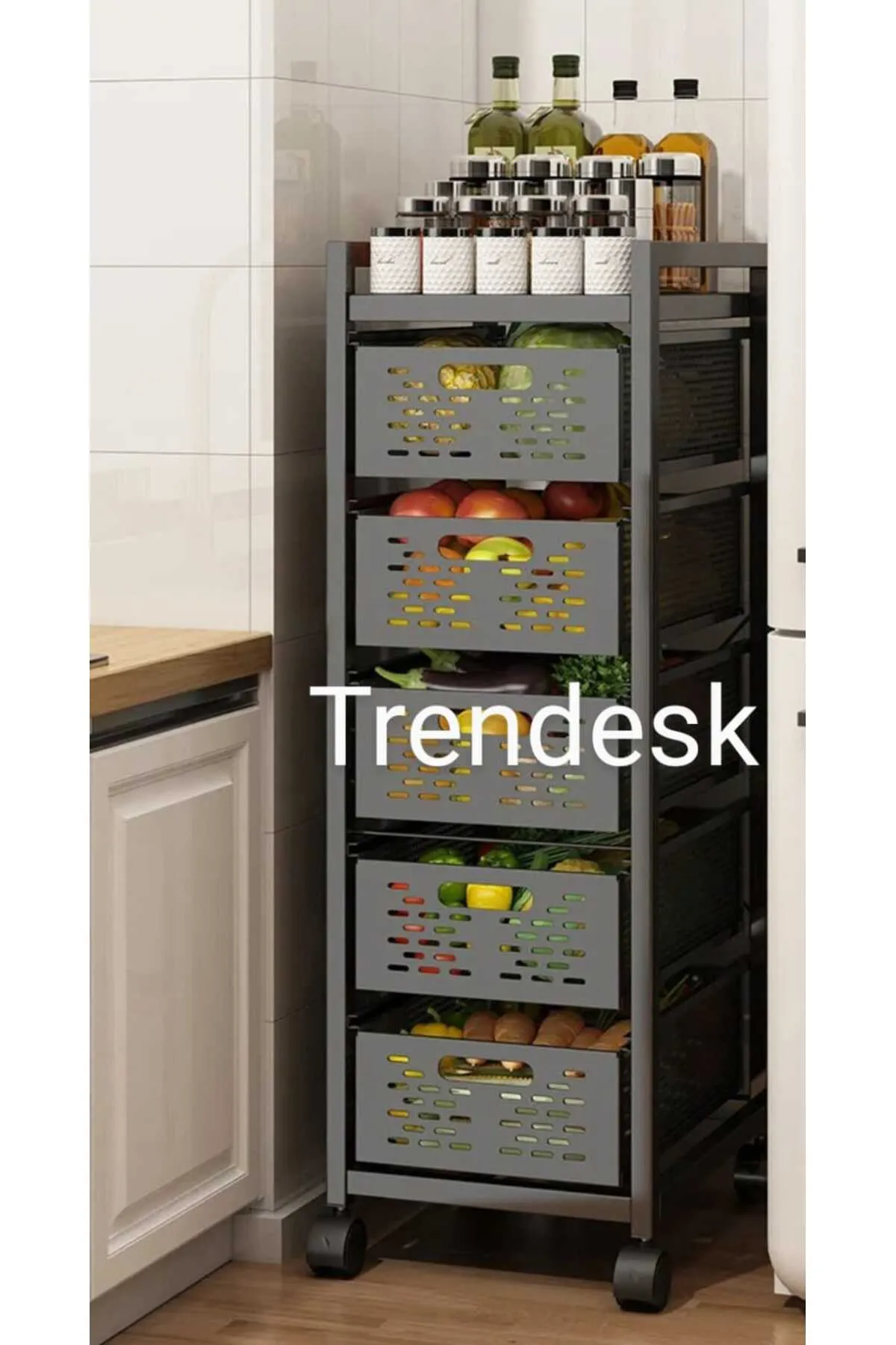TRENDESK 5 Katlı Metal Siyah Çok Amaçlı Patates Soğan Sebze Meyve Sepeti Sebzelik Tekerlekli görsel 2