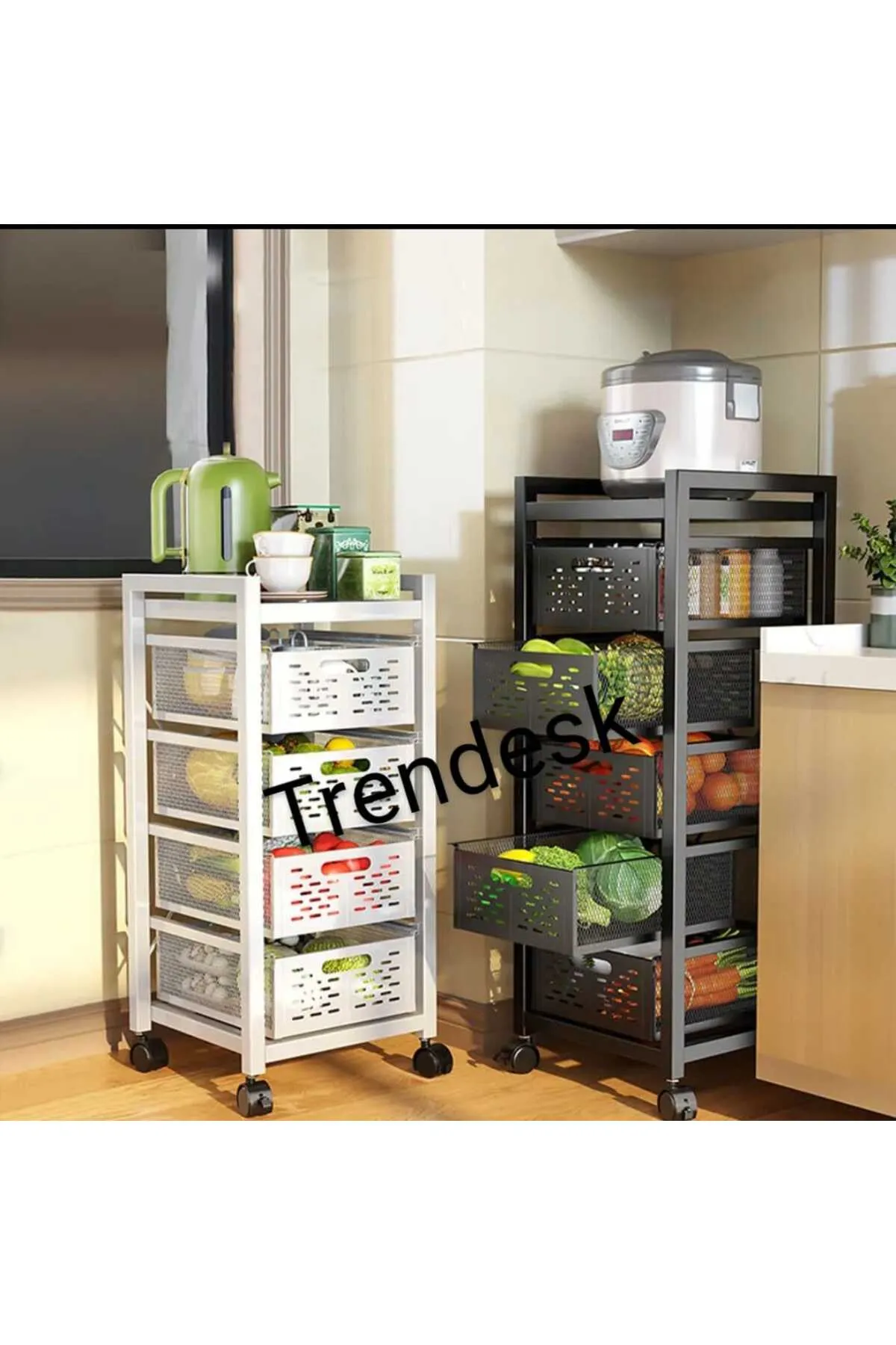 TRENDESK 5 Katlı Metal Siyah Çok Amaçlı Patates Soğan Sebze Meyve Sepeti Sebzelik Tekerlekli görsel 3