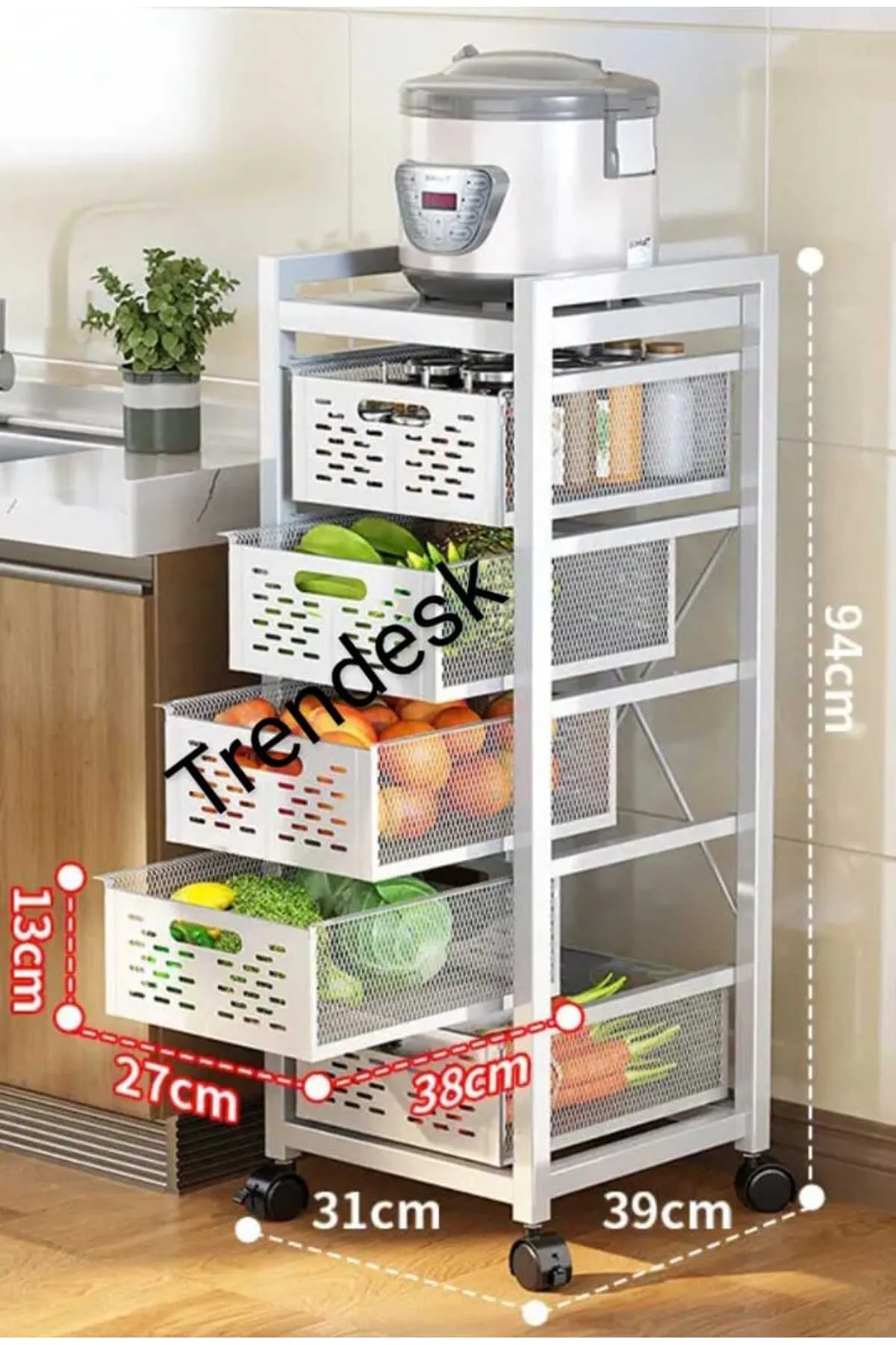 TRENDESK 5 Katlı Metal Siyah Çok Amaçlı Patates Soğan Sebze Meyve Sepeti Sebzelik Tekerlekli görsel 4
