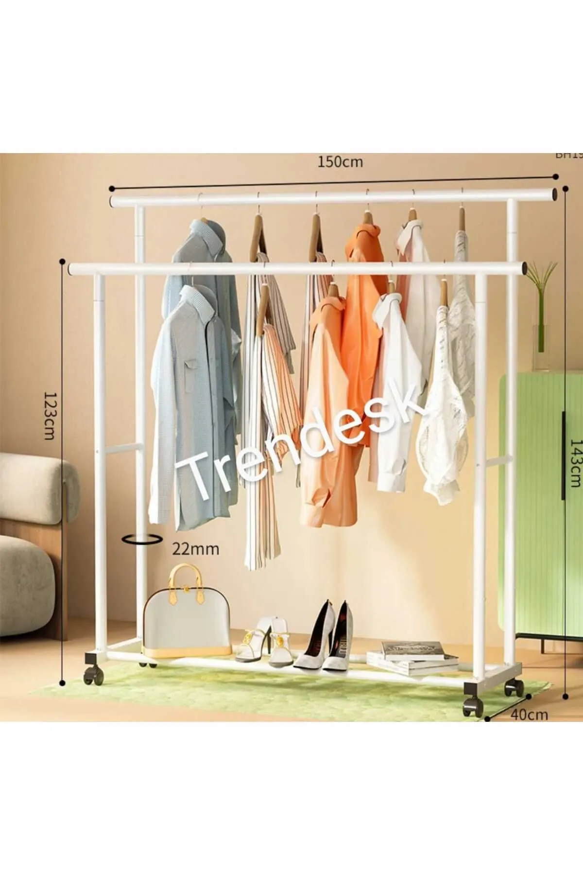 TRENDESK Metal Beyaz Elbise Askısı 2 Katlı Tekerlekli Askı Konfeksiyon Askısı ( Eşek Askı ) 143 Cm görsel 3