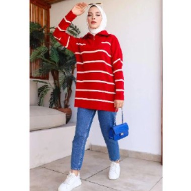 GButik's Fermuarlı Çizgili Triko Tunik