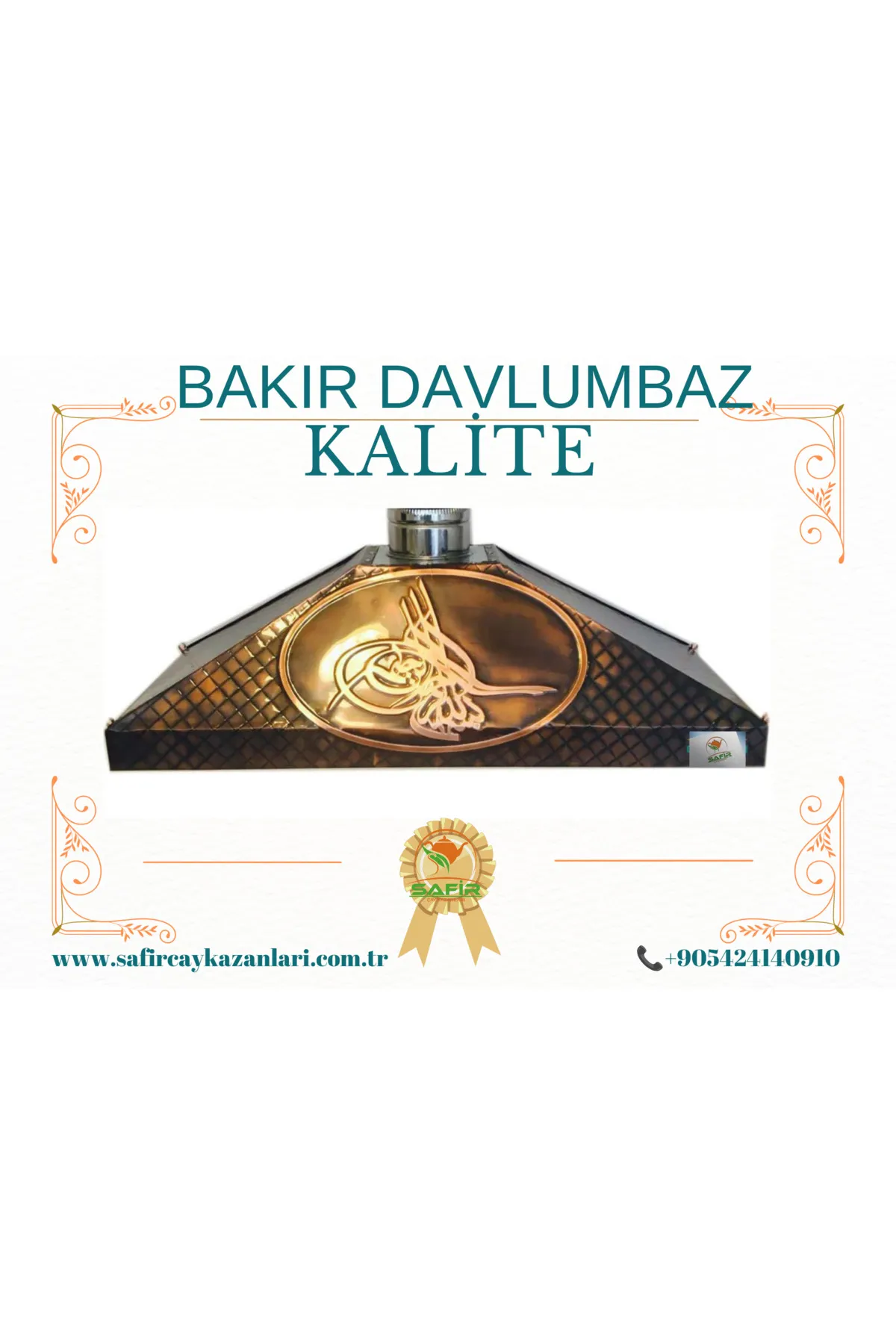 SAFİR ÇAY KAZANLARI Osmanlı Tuğra Model Bakır Davlumbaz 4 Gözlü Çay Kazanı için 110 cm Bakır Davlumbaz görsel 2