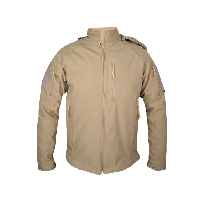 kum beji renkli 5 cepli uzun kollu soguk gecirmez softshell kapusonlu taktik mont