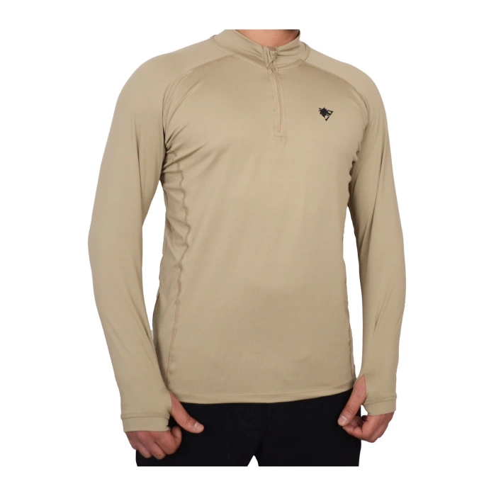 kum beji renkli uzun kollu ceyrek fermuarli esnek ic katman operasyon taktik combat sweatshirt