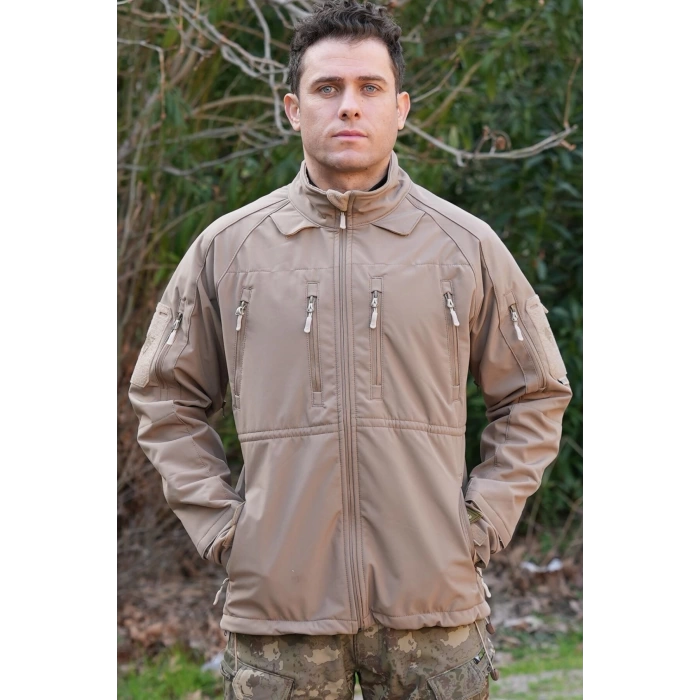 kum beji renkli 11 cepli uzun kollu soguk gecirmez softshell taktik mont
