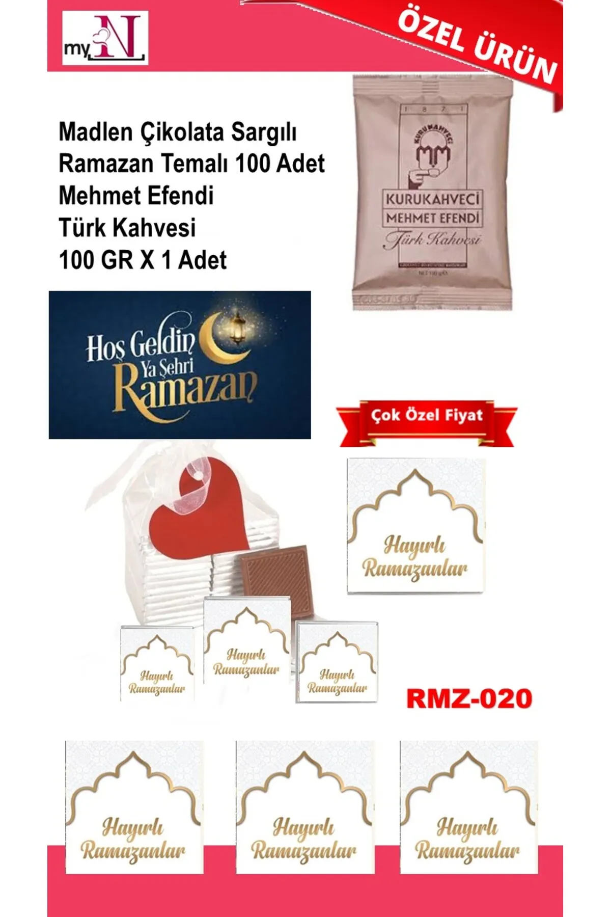 Madlen Çikolata Sargılı Ramazan Temalı 100 Adet - Mehmet Efendi Türk Kahvesi 100 GR X 1 Adet