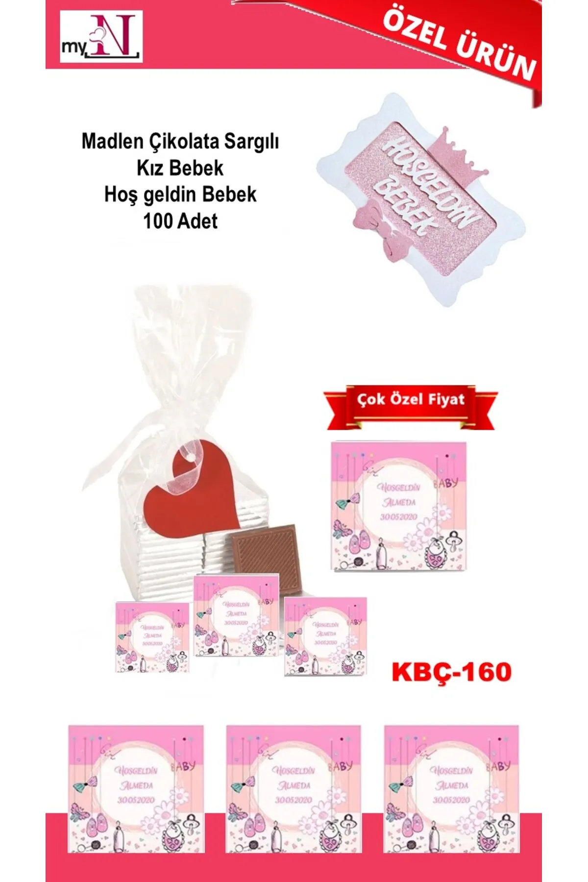 Madlen Çikolata Sargılı Kız Bebek Hoş geldin Bebek 100 Adet