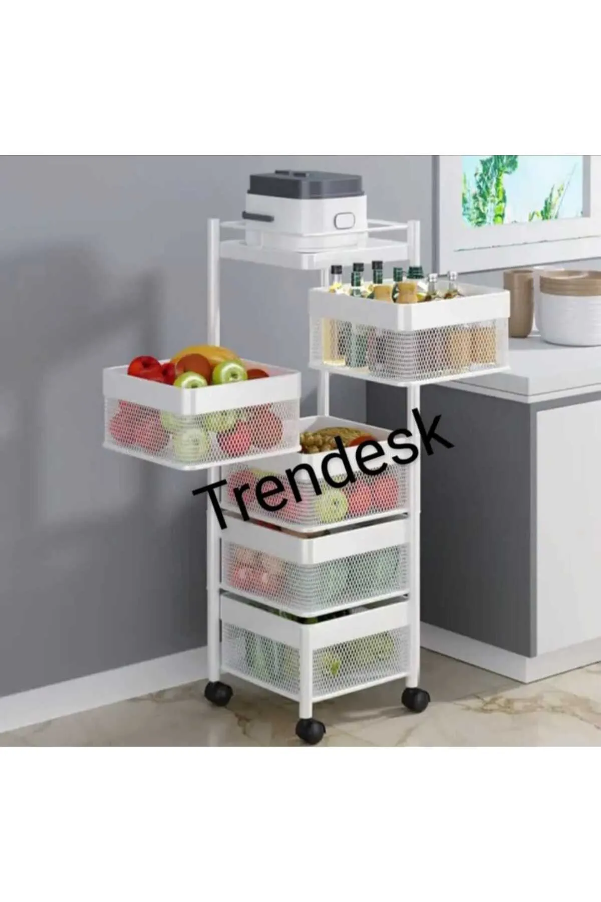 TRENDESK 5 Katlı Metal Beyaz Patates Soğan Sebze Meyve Sepeti Sebzelik Tekerlekli 1017-CN görsel 3