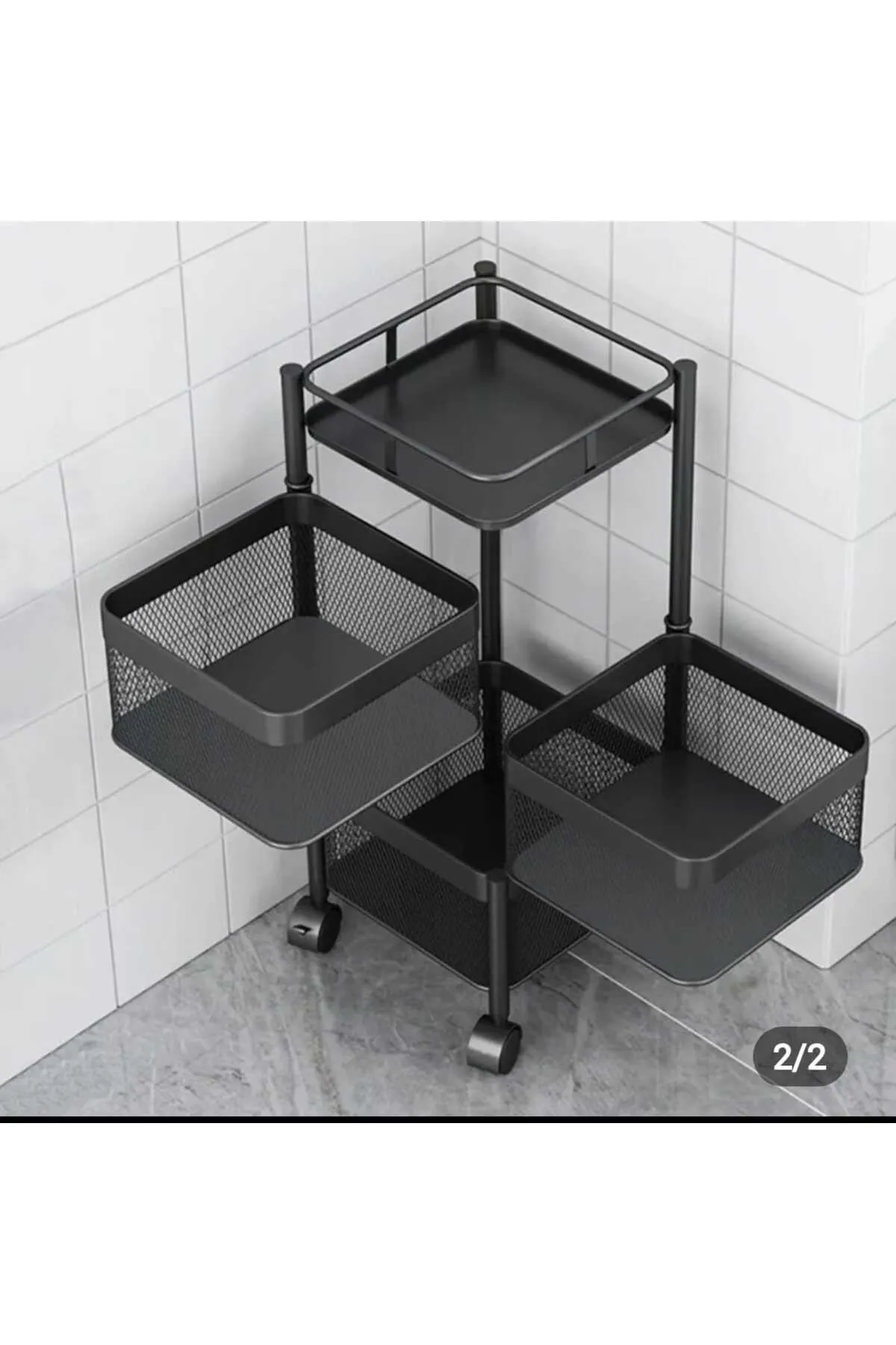 TRENDESK 3 Katlı Metal Siyah Patates Soğan Sebze Meyve Sepeti Sebzelik Tekerlekli 1019-CN görsel 2