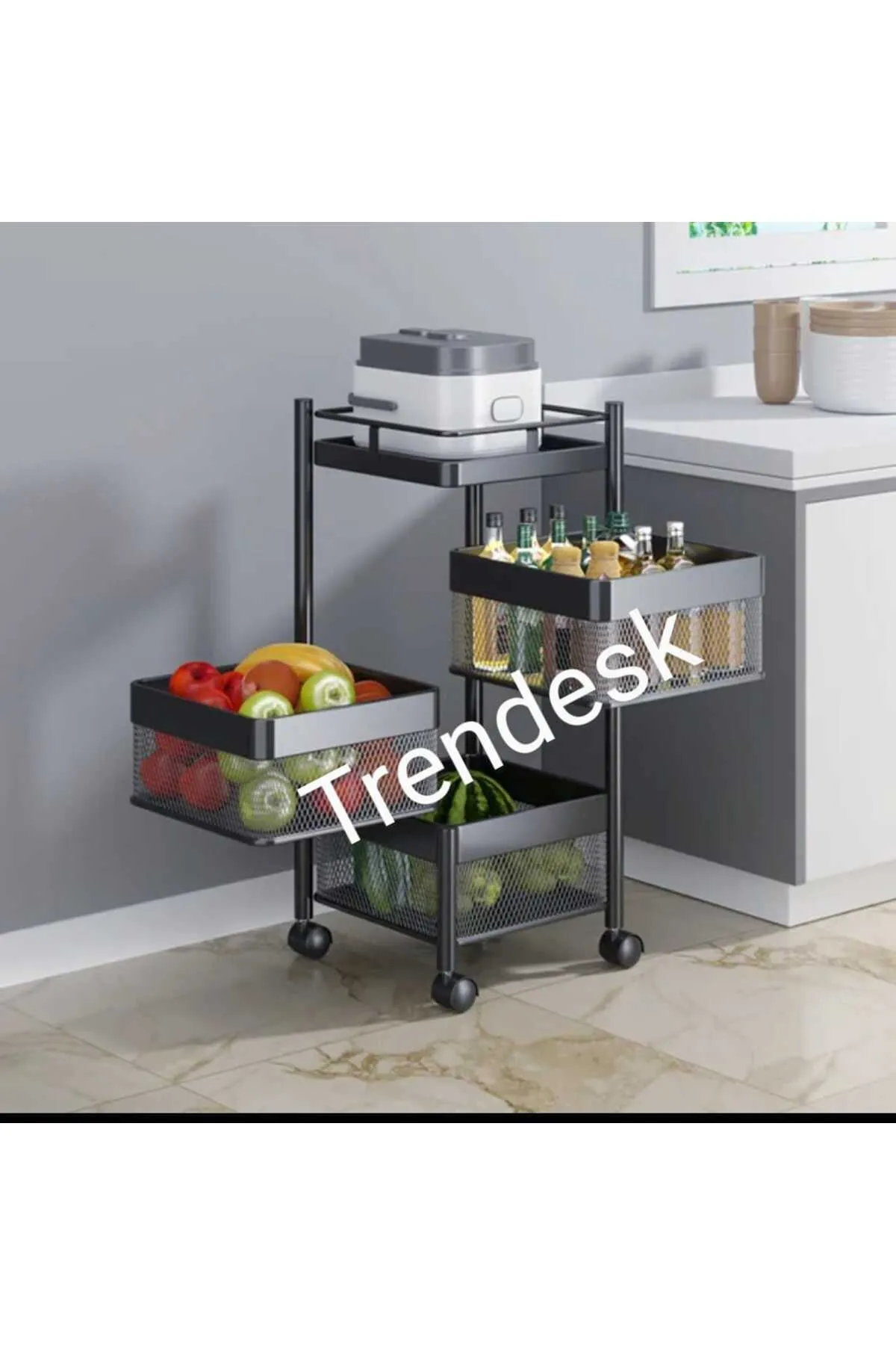TRENDESK 3 Katlı Metal Siyah Patates Soğan Sebze Meyve Sepeti Sebzelik Tekerlekli 1019-CN