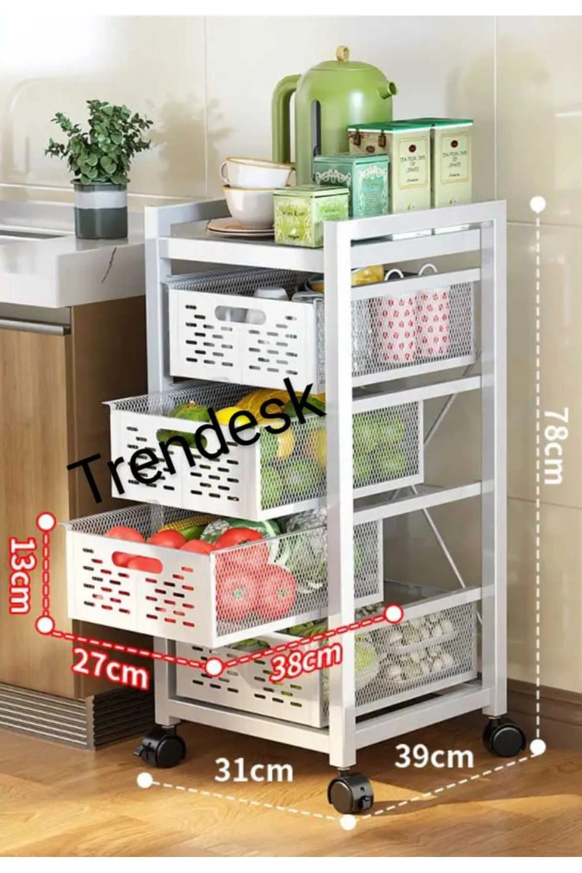 TRENDESK 4 Katlı Metal Beyaz Patates Soğan Sebze Meyve Sepeti Sebzelik
