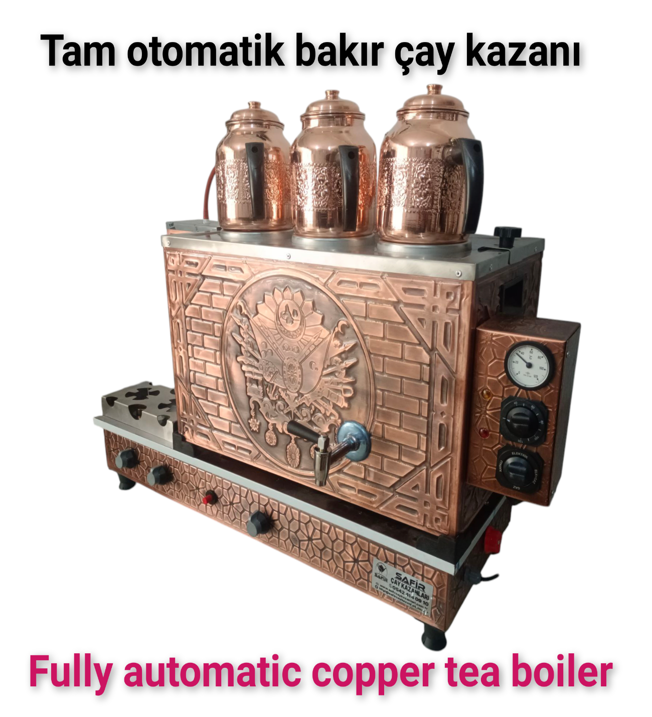 3 demlikli bakır çay kazanı elektrik +Tüplü tam otomatik Çay ocağı Osmanlı tuğra model Çay semaveri görsel 3