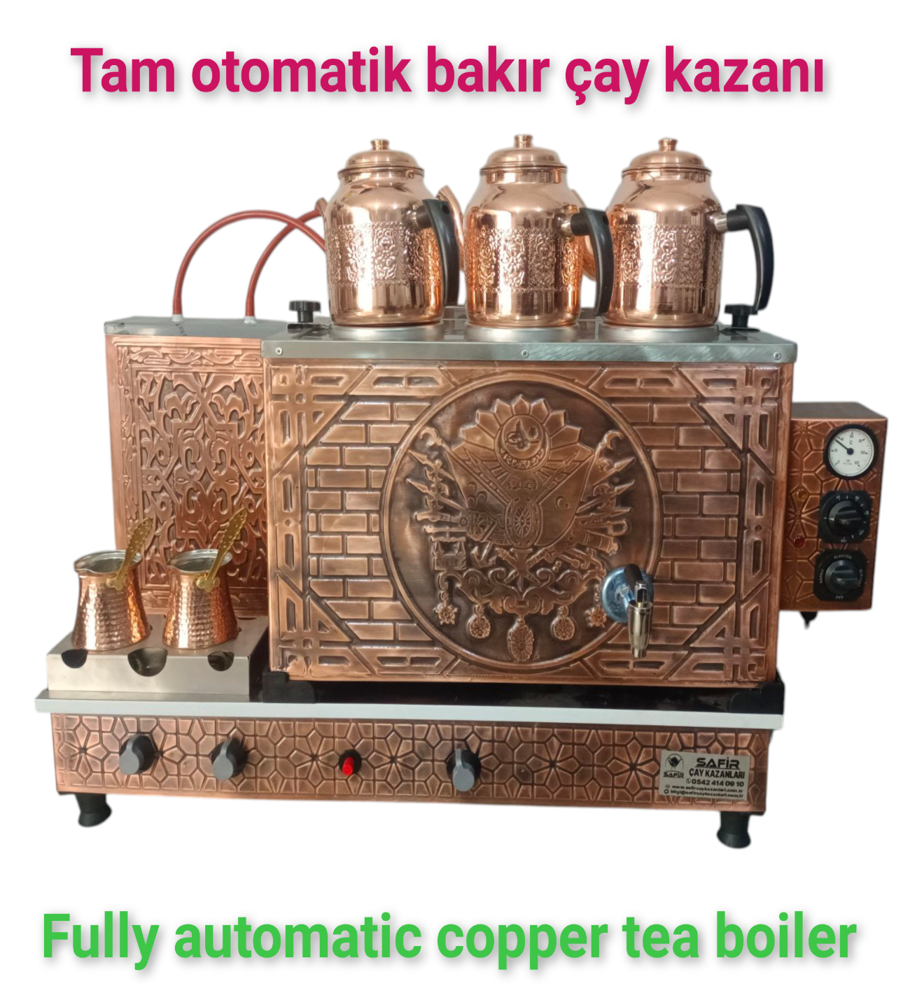 3 gözlü Bakır Tam Otomatik Çay Kazanı Elektrik + doğalgazlı Ce Belgeli ve  Gazmer açılış onaylı Tam Dijital çakmaklı Prizma Alt Tabanlı Tam otomatik çay kazanı.